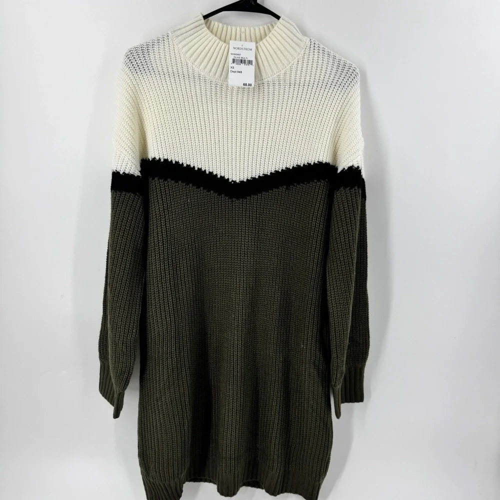 NWT VICI-Nordstrom Colorblock Mock Neck Knit Sweater Dress‎ Olive Cream Black XS - Picture 4 of 13